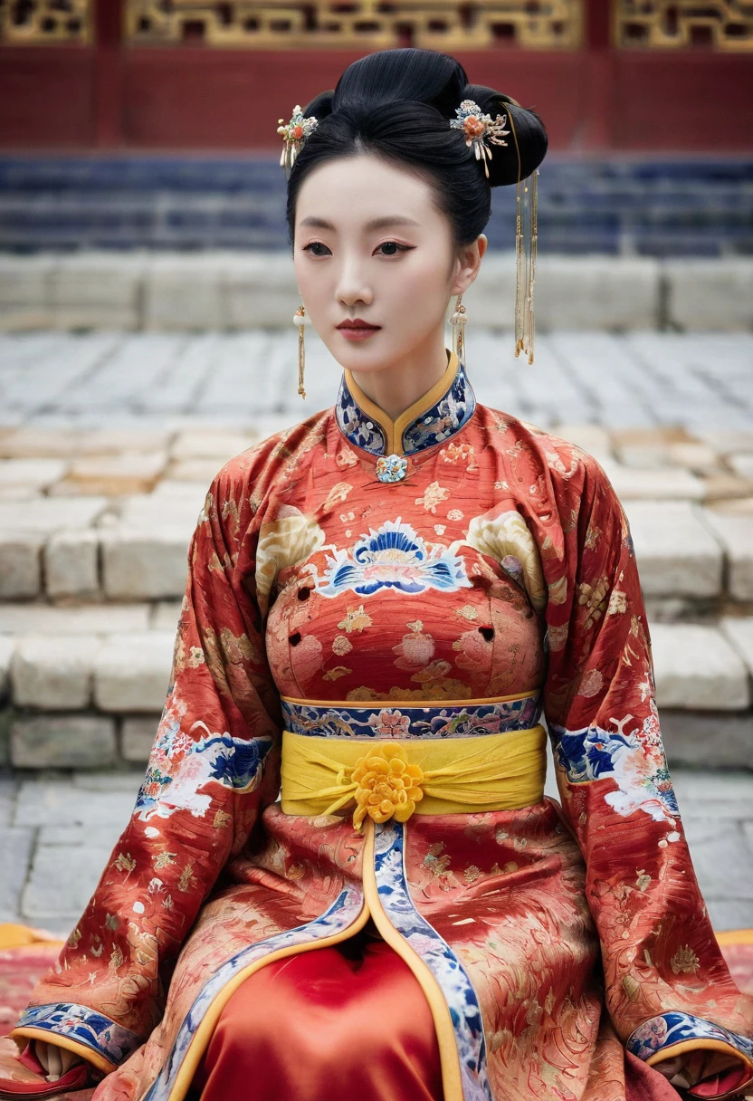 A woman seen from the front, sitting facing forward with her legs apart. Empress of the Qing Dynasty, Chinese imperial court. The Chinese empress is wearing a crown and a red Manchu dress with a floral pattern, open at the front, exposing her chest, lower abdomen, thighs and feet.。She is wearing no underwear, and her large breasts are exposed, right down to her bare stomach. Her hair is tied up and pulled up, and the background is the stone pavement of the Chinese palace of the Qing Dynasty.