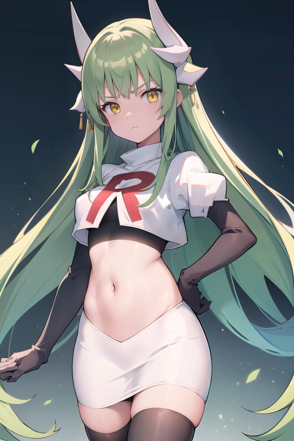 1girl, solo, aakiyo, long hair, green hair, white horns, hair ornament, yellow eyes, looking at viewer, team rocket,team rocket uniform,white skirt,red letter R,crop top,black thigh-highs,black elbow gloves, masterpiece, best quality