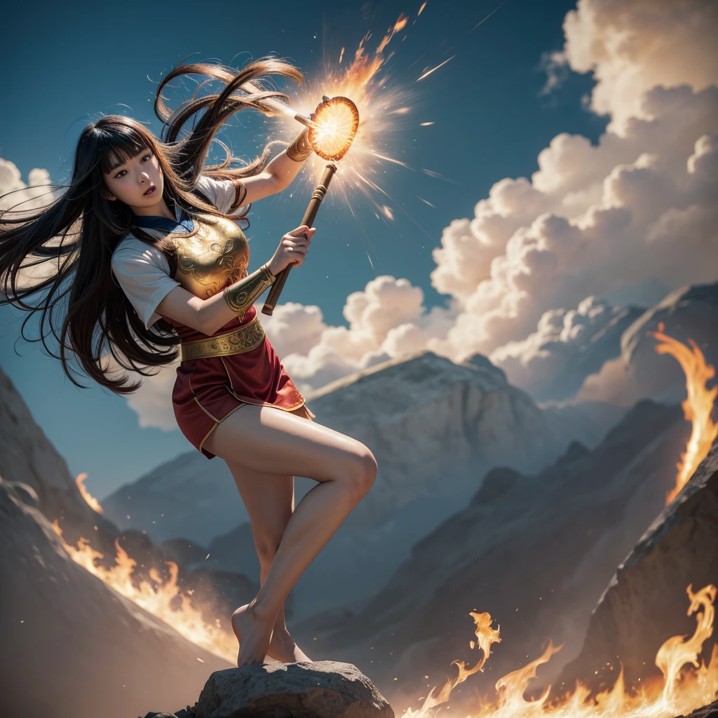 
Realistic, surrealistic 20-year-old Asian girl with long black hair, bangs with wind effect, floating above the clouds, wearing a legendary red, white and gold Xianxia costume, holding a large ancient Chinese hammer, standing on a golden cloud, fighting pose, martial arts pose, and shouting bullet time effect. The orange flame halo around her is flaming and expanding in a terrifyingly high range, seeming to bend and swirl along with her energy. High angle shot with a worm's eye view in a full body shot. Fujifilm D55 lens: 50mm f/1.8 --ar 3:4 --Raw Style --Style 250 --iw 0.5UHD