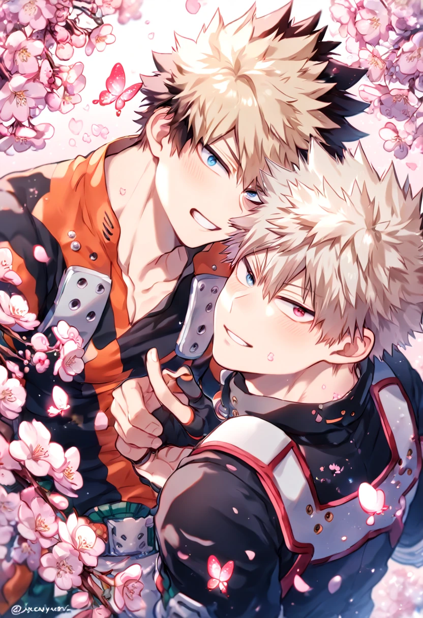 Ultra detailed, HDR, Highres, absurdres, master piece, Todoroki Shouto, bicolor hair, red right side of hair, white left side of hair, expressive blue eyes, Bakugou Katsuki, ash blonde hair, expressive red eyes, hero clothes, Boku No Hero Academia, two sexy man together, gay couple, yaoi, love, handsome, cherry, flowers, blossoms, fantasy, magical, pink leaves, handsome, sensual, best quality, glittering, pink butterflies, pink ice,