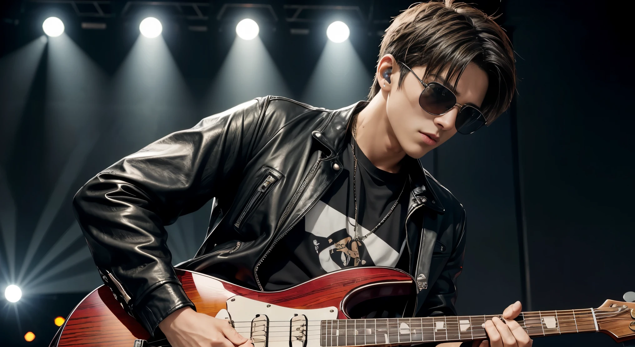 An anime-style high-resolution image of a young man playing an electric guitar. He is wearing Ray-Ban sunglasses, a black T-shirt, a leather jacket, and jeans. He is standing on a live concert stage with a lively crowd in the background.
