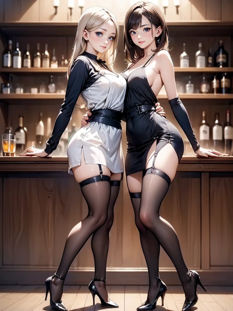 (masterpiece:1.3),(best quality, highest quality),((Full Body Shot,Including face)),1girl,Standing position,4K,masterpiece,((Focus on the face)),((Symmetrical facial features)),Beautiful woman,slender,Beautiful feet,((High heels,Patterned stockings with straps)),Detailed depiction of the face,bar counter,Bartender uniform,Realistic,Apron appearance,Shaker、