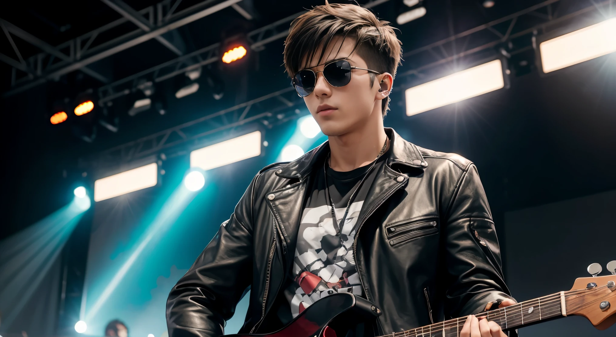 An anime-style high-resolution image of a young man playing an electric guitar. He is wearing Ray-Ban sunglasses, a black T-shirt, a leather jacket, and jeans. He is standing on a live concert stage with a lively crowd in the background.