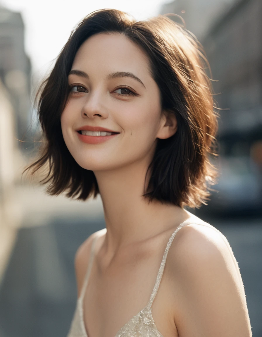 xxmixgirl, Upper body of a beautiful cute long face Japanese girl, happy smiling, still from the film, ((young Marion Cotillard face : 1.2)), ((young Anne Hathaway face: 1.0)), from front, realistic portrait photo of a cute 25 years old girl, looks at viewer, full lips, natural skin, skin moles, stormy weather, (cinematic, film grain:1.1), ((asian winged eyes, very long and slender slim face, blunt bob black hair, transparent nightgown)), Leica SL3, Summicron-SL 75mm ASPH, F/2, (cinematic still:1.2) Kodak Gold 200 film, bokeh, rim lighting, silhouette, shallowed depth of field, dynamic hands up,