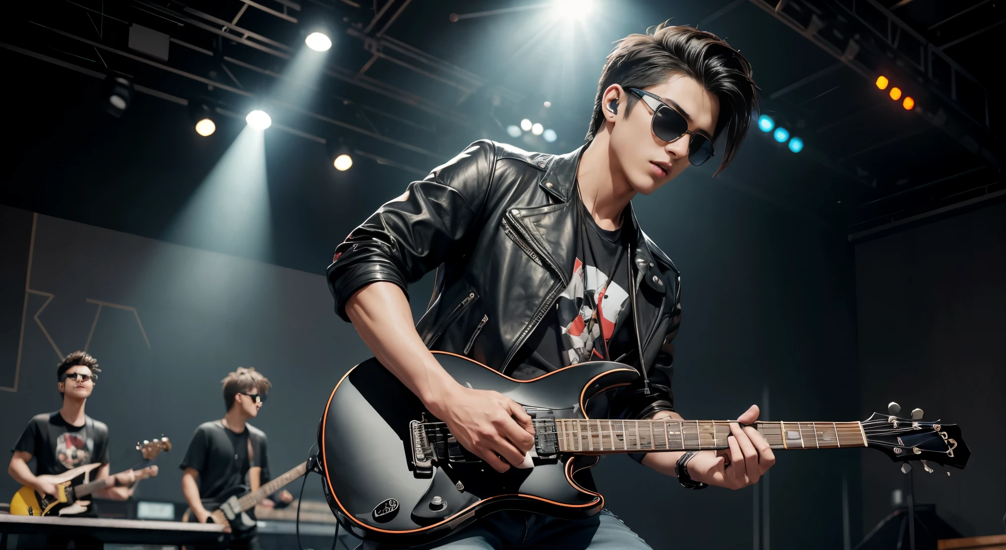 An anime-style high-resolution image of a young man playing an electric guitar. He is wearing Ray-Ban sunglasses, a black T-shirt, a leather jacket, and jeans. He is standing on a live concert stage with a lively crowd in the background.