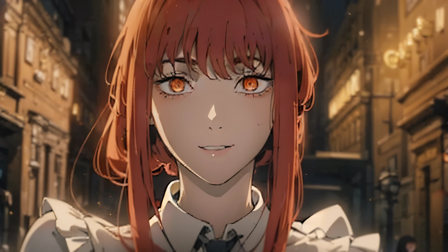 ((Best quality)), ((master piece)), (High datail:1.3), Woman, age 18, red hair, (makima:1.4), (((detailed eyes))), (((glowing eyes))), ([High details]) wearing black shirt, smiling, ((city)), high quality, 4k resolution, depth of field, anime, --v6