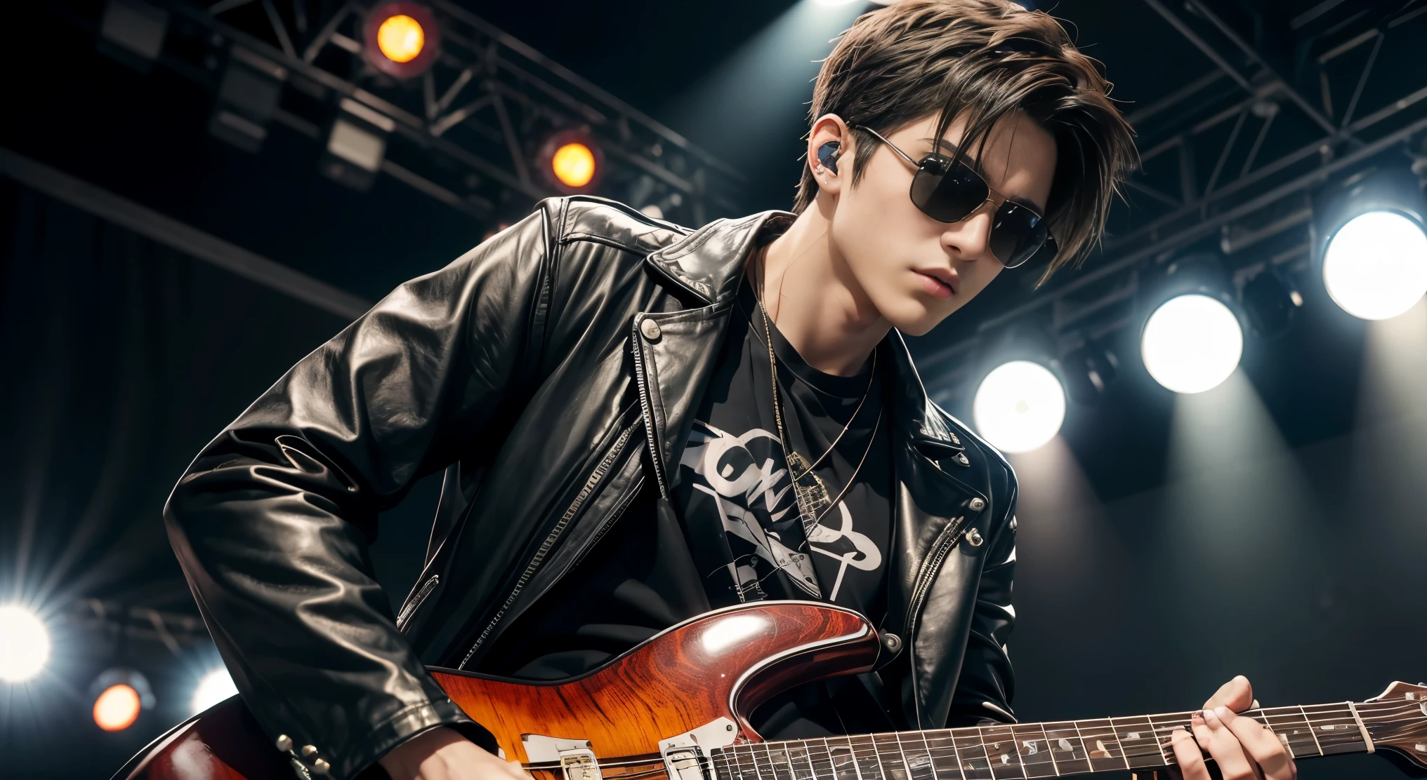 An anime-style high-resolution image of a young man playing an electric guitar. He is wearing Ray-Ban sunglasses, a black T-shirt, a leather jacket, and jeans. He is standing on a live concert stage with a lively crowd in the background.
