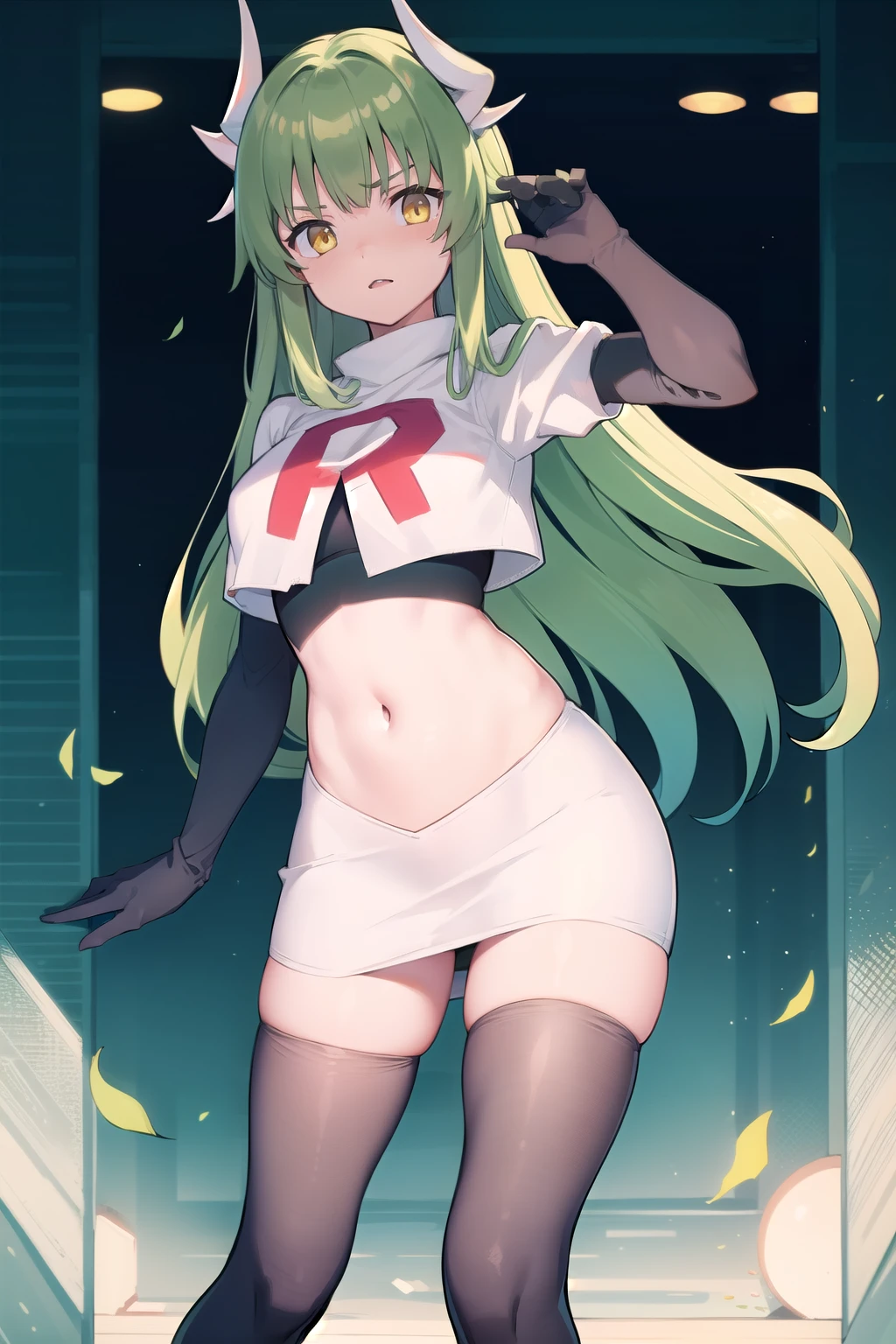 1girl, solo, aakiyo, long hair, green hair, white horns, hair ornament, yellow eyes, looking at viewer, team rocket,team rocket uniform,white skirt,red letter R,crop top,black thigh-highs,black elbow gloves, masterpiece, best quality