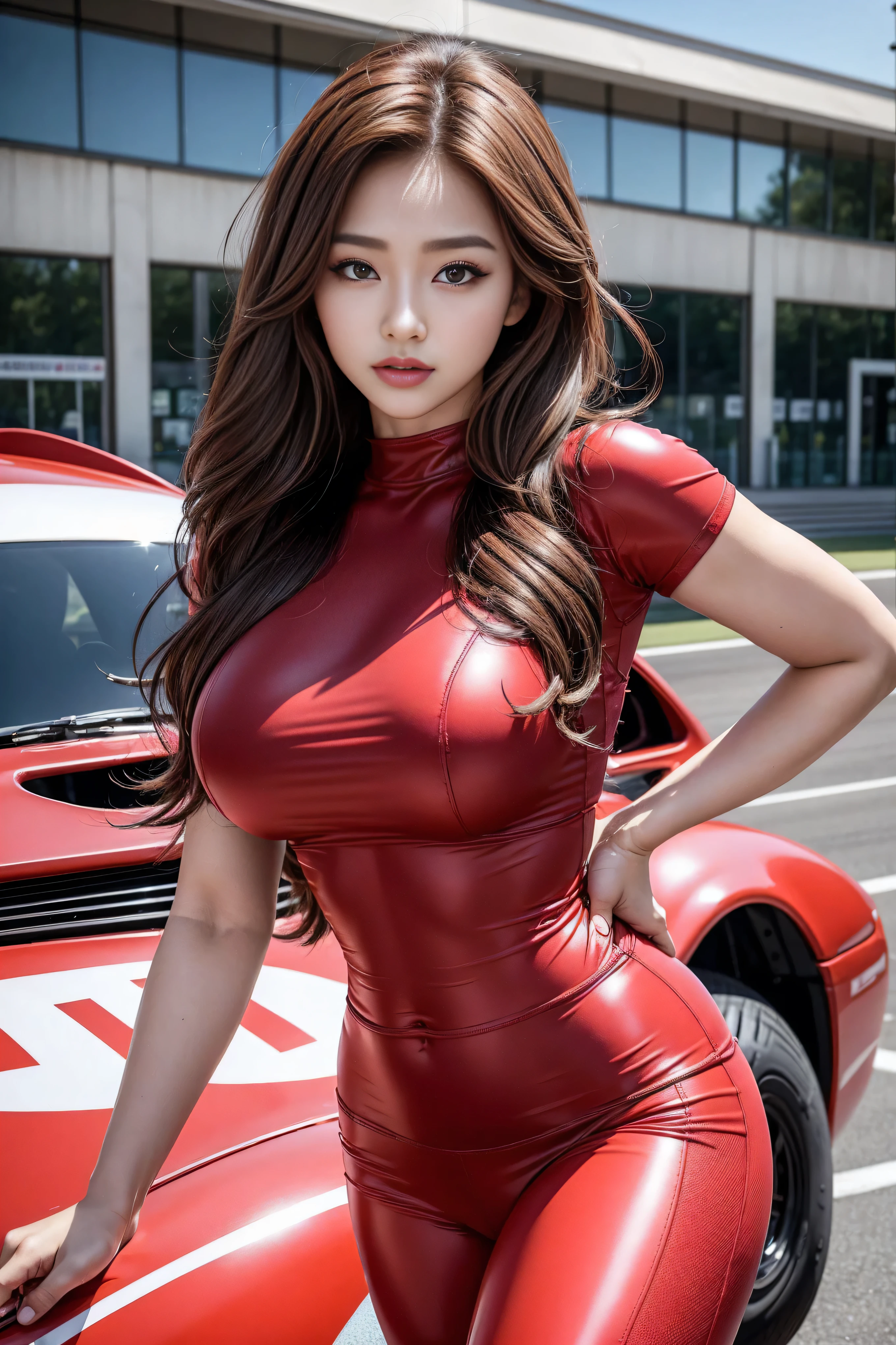 High Detail, wear (Tight shirt:1.2), Beautiful Korean girl, Korean pop idol，Beautiful and delicate face, Hazel eyes, (Attractive fitness woman:1.3), (Tempting:1.1), (blush:1.1), Hourglass figure, Shiny aerobic red latex leggings, Big and round breasts，Brown curly hair，Standing in front of a red racing car，Monza Circuit