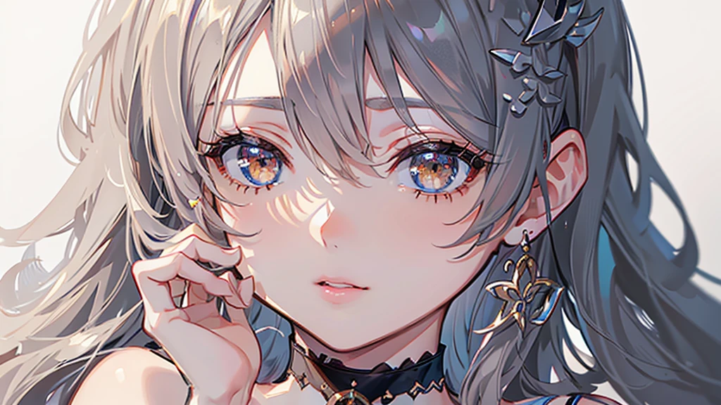 cute, ultra-detailed, figure, Complex, detailed, extremely detailed, detailed face, Soft Lighting, Soft Light, Soft Focus, Perfect Face, beautiful, Accurate anatomy, Exposure, 8k, 4K, (High resolution:1.1), Highest quality, (masterpiece:1.3), One girl, alone, jewelry, Brown eyes, View your viewers, Earrings, Grey Hair, bangs, choker, Mouth closed, Portraiture, clock, hair ornaments, Simple Background, Gray background, Long Hair, Headrest, lips, hair bow, black choker, bow, eyelash