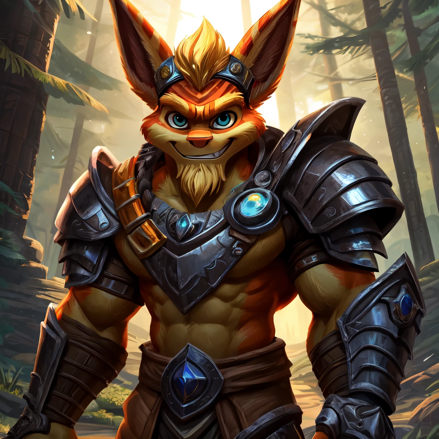 (ultra detailed), a magnificent full-size portrait of Jak, the renowned hero from Jak and Daxter, showcasing his superbly muscled physique. He is attired in the heroic armor of Zeya, a knight from Knights of the Zodiac. The armor, adorned with intricate designs, accentuates his powerful build. Jak's steely gaze and determined expression radiate strength and resolve. The scene is set in a mystical forest, and the portrait is bathed in cenematic lighting, casting deep shadows and highlighting the texture and details of the armor and Jak's muscular form. Jak's beard and short hair are neat