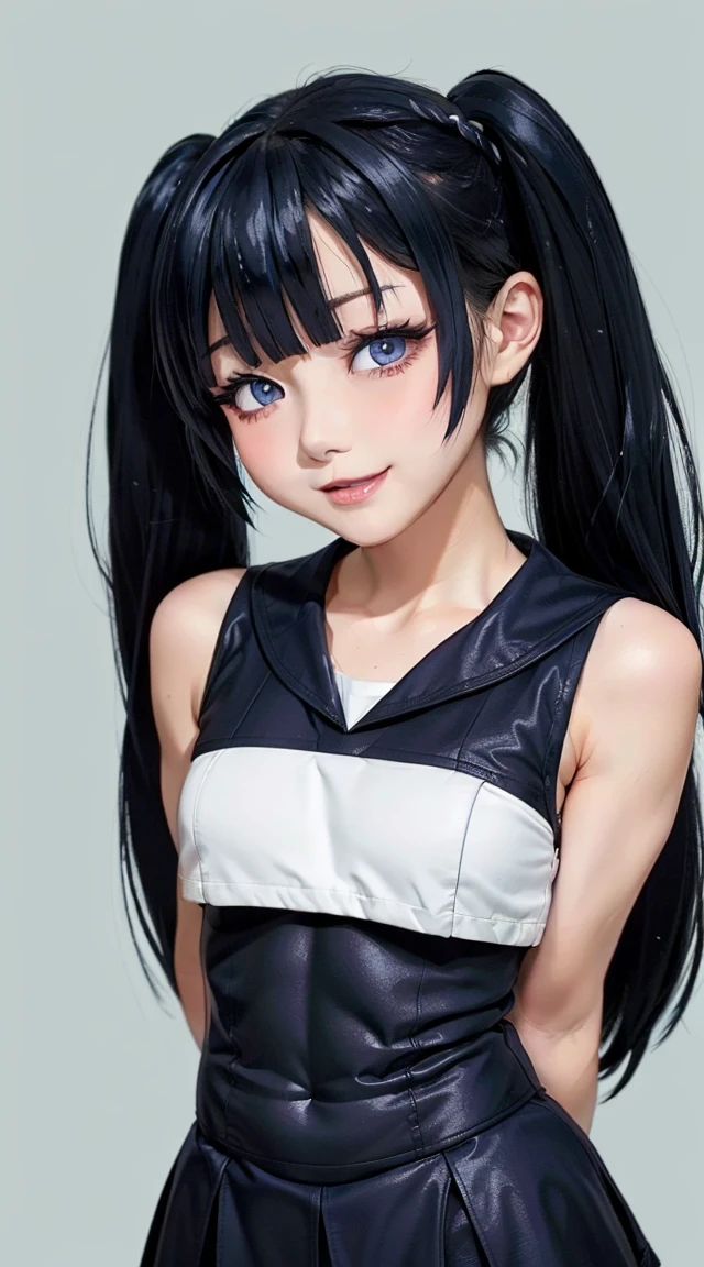 (masterpiece:1.3), (Best Quality:1.3), (Ultra-detailed:1.2), ((kawaii)), Cute, (lovely), ((sexy)), ((Extremely detailed)), 4K, (8K), Best Quality, (Beautiful), Illustration, anime style, (bold line:1.2), Gradation, looking at viewer, //, (bent down:1.1), (arms behind back), //, a cute girl, 1girl, (solo:1.2), gleaming skin, //, (flat chested), (Perfect eyes:1.2), (Perfect iris:1.2), //, darkblue hair color, (beautiful eyes) //, (half closed eyes:1.3), (sexual expression:1.2), Fascinated expression, smile, (blush:1.2), //, modern city background, on rock, twin tails, muscle girl, hard abs, exposed abs, sailor uniform with skirt