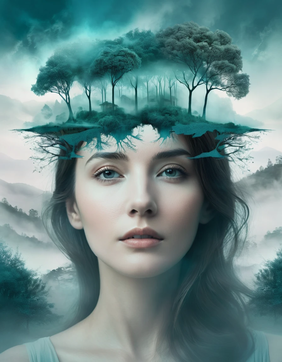 A woman with trees and landscape above her head，With a dreamy and surreal atmosphere，Dark cyan and gray，Naturalistic cityscape made of mist，Fragmented portrait，Well-lit scenes，Serene face
