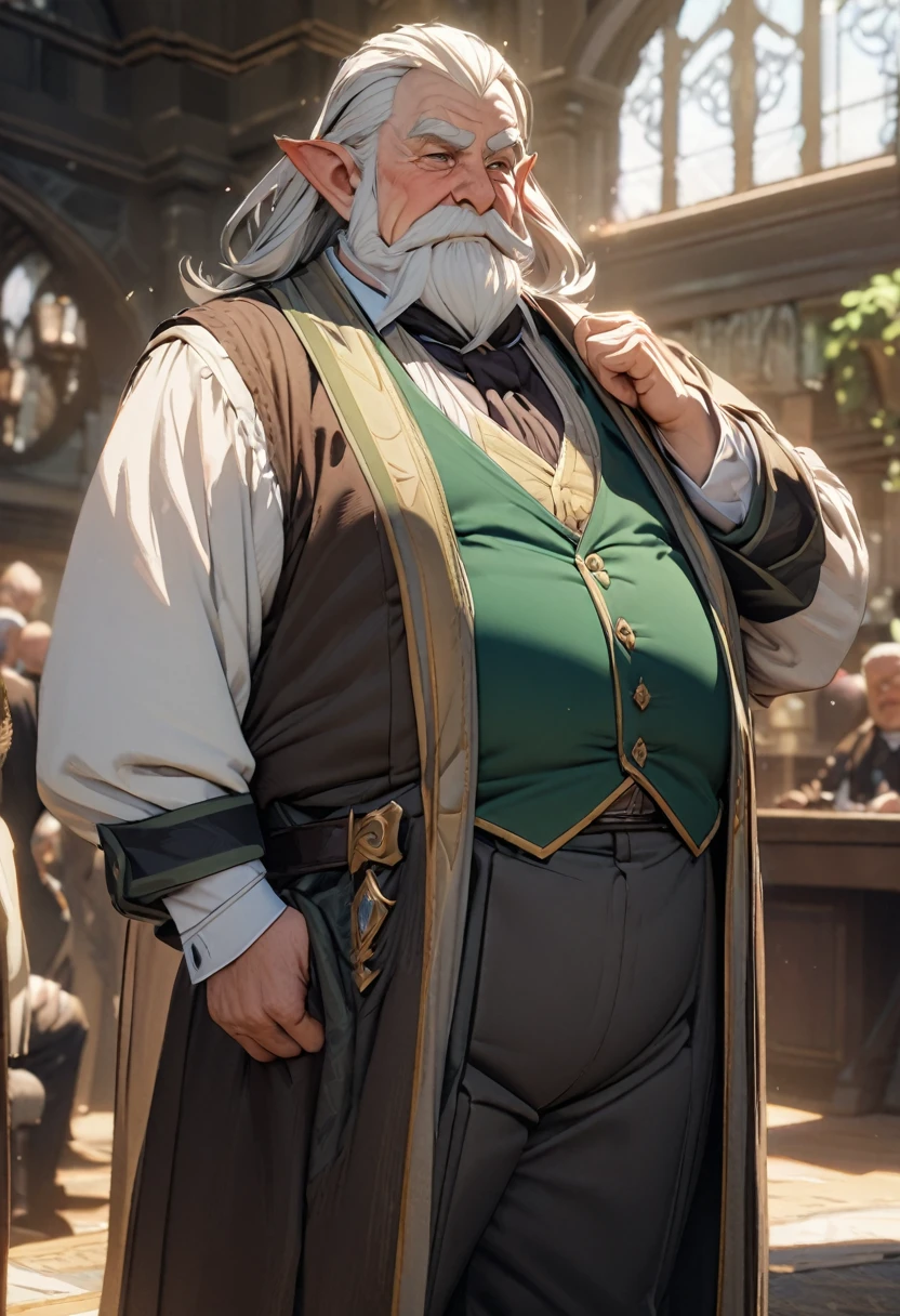 masterpiece, 8k, best quality, highly detailed, a friendly portly older elven gentleman with a mayor clothing