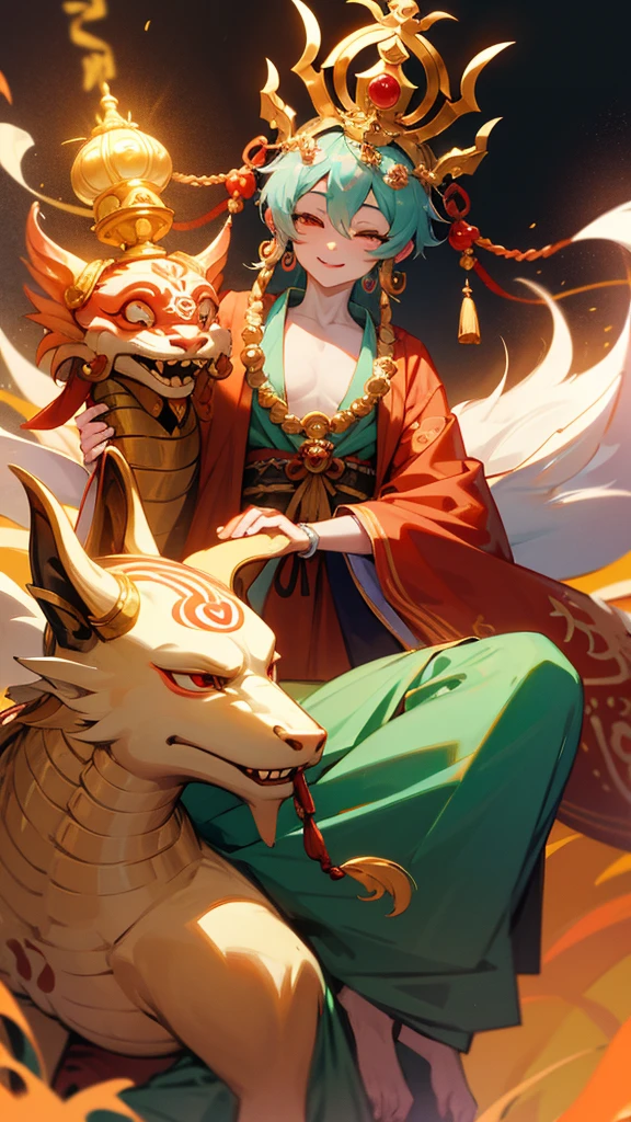 Dragon God Kannon Bodhisattva, smile, Bodhisattva crown,Fusion of Shinto and Buddhism, Ride the Dragon、Holding a jewel that grants wishes, Anatomically correct, Highest quality, masterpiece,