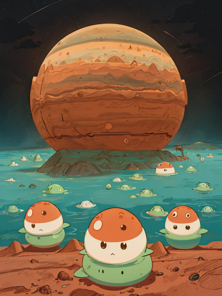 hayao miyazaki style, Kawaii Design, (((Cute Aliens))), (((hide))), (((Surface of Mars)))