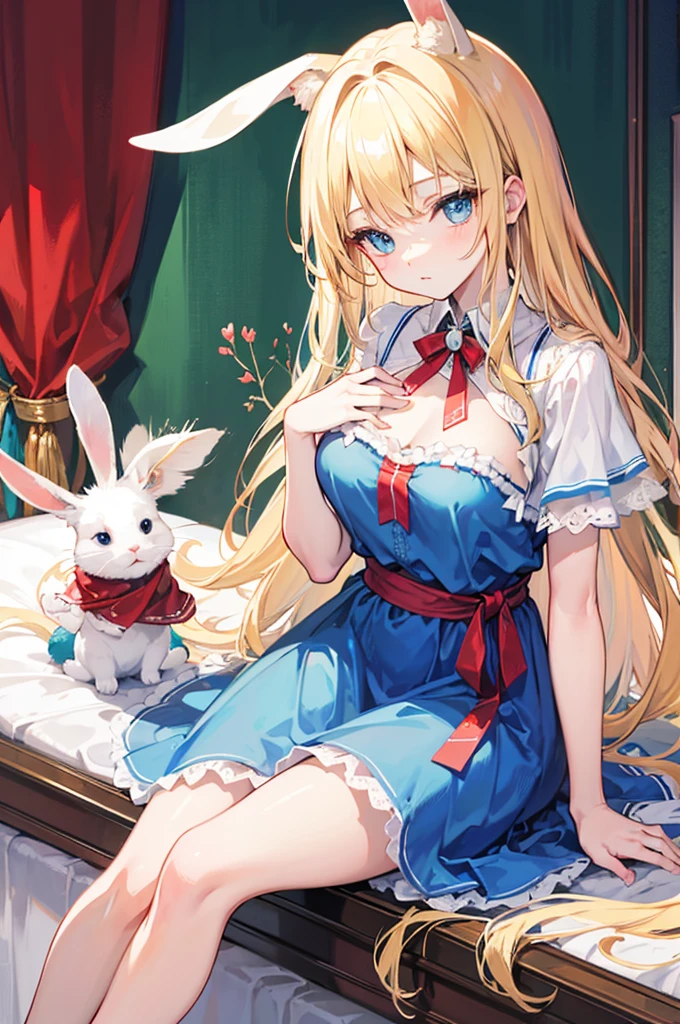 fairy tales，((Alice))，Long blond hair，Blue Eyes，Well-behaved and cute，White rabbit ears，Big ，Sitting on the bed，Show the chest，