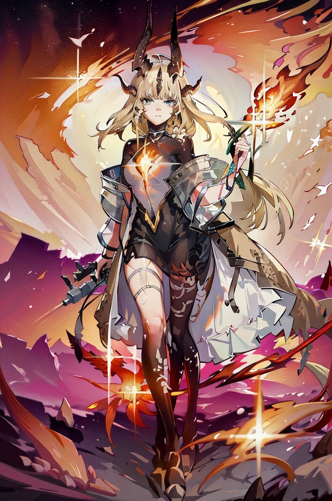 Ultra-high quality,Beautiful face,Blonde girl,Has a dragon-like tail,Carrying a walking stick,Flames coming out of the wand