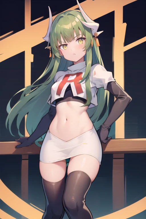 1girl, solo, aakiyo, long hair, green hair, white horns, hair ornament, yellow eyes, looking at viewer, team rocket,team rocket uniform,white skirt,red letter R,crop top,black thigh-highs,black elbow gloves, masterpiece, best quality