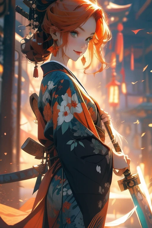 Perfect face. Perfect hands. An orange haired woman with green eyes and an hourglass figure in a kimono is spinning her scythe at the shrine with a big smile