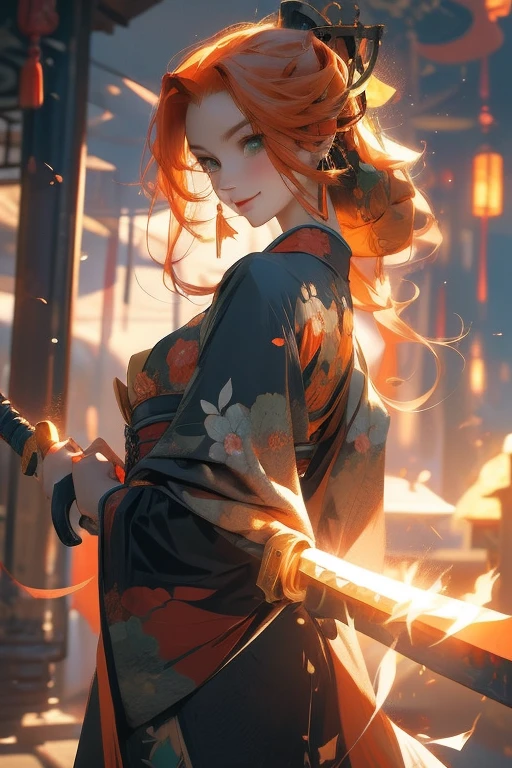 Perfect face. Perfect hands. An orange haired woman with green eyes and an hourglass figure in a kimono is spinning her scythe at the shrine with a big smile

