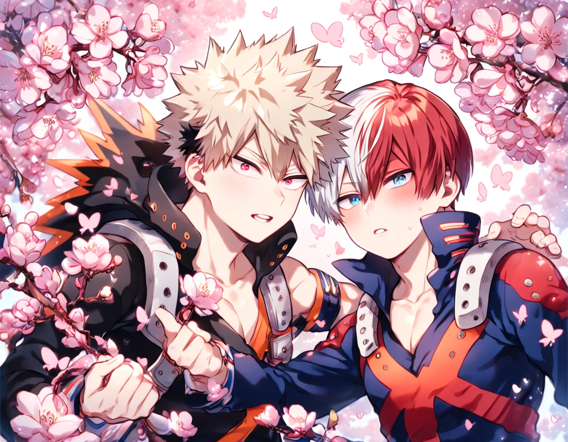 Ultra detailed, HDR, Highres, absurdres, master piece, Todoroki Shouto, bicolor hair, red right side of hair, white left side of hair, expressive blue eyes, Bakugou Katsuki, ash blonde hair, expressive red eyes, hero clothes, Boku No Hero Academia, two sexy man together, gay couple, yaoi, love, handsome, cherry, flowers, blossoms, fantasy, magical, pink leaves, handsome, sensual, best quality, glittering, pink butterflies, pink ice,
