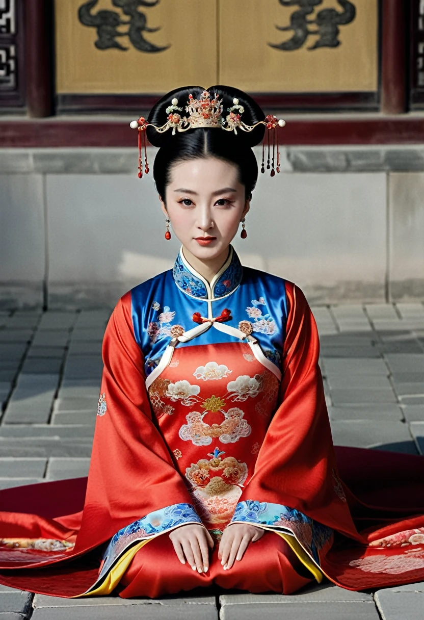 A woman seen from the front, sitting facing forward with her legs apart. Empress of the Qing Dynasty, Chinese imperial court. The Chinese empress is wearing a crown and a red Manchu dress with a floral pattern, open at the front, exposing her chest, lower abdomen, thighs and feet.。She is wearing no underwear, and her large breasts are exposed, right down to her bare stomach. Her hair is tied up and pulled up, and the background is the stone pavement of the Chinese palace of the Qing Dynasty.