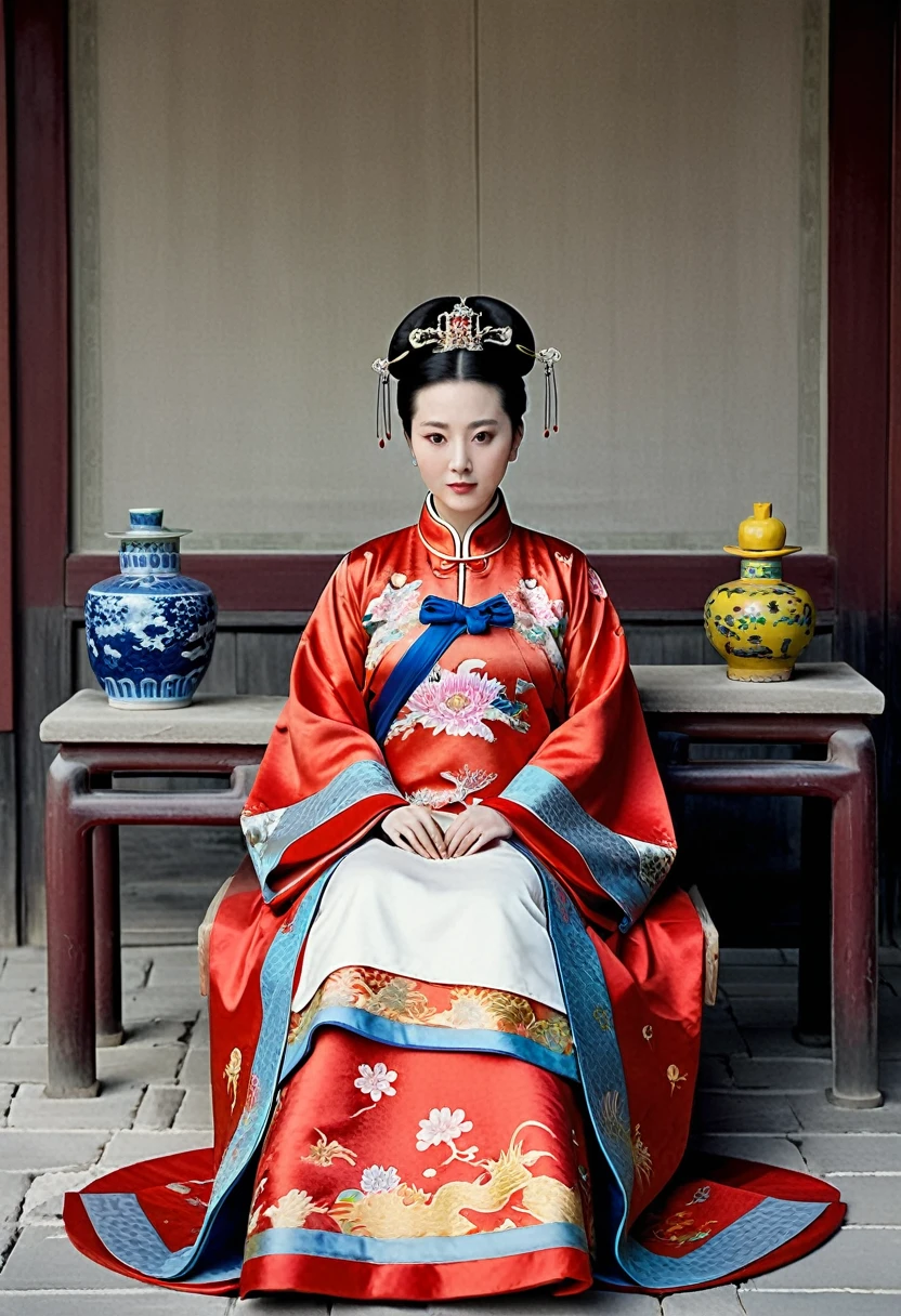 A woman seen from the front, sitting facing forward with her legs apart. Empress of the Qing Dynasty, Chinese imperial court. The Chinese empress is wearing a crown and a red Manchu dress with a floral pattern, open at the front, exposing her chest, lower abdomen, thighs and feet.。She is wearing no underwear, and her large breasts are exposed, right down to her bare stomach. Her hair is tied up and pulled up, and the background is the stone pavement of the Chinese palace of the Qing Dynasty.
