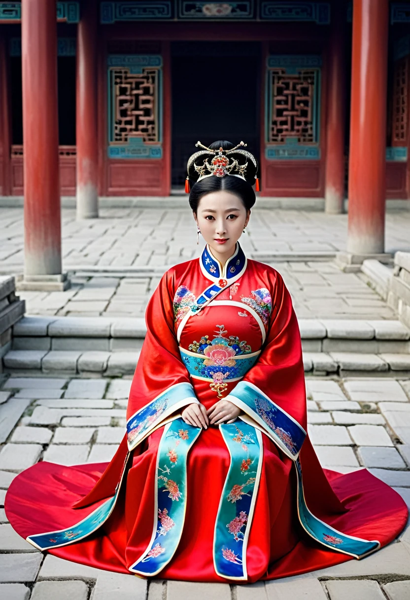 A woman seen from the front, sitting facing forward with her legs apart. Empress of the Qing Dynasty, Chinese imperial court. The Chinese empress is wearing a crown and a red Manchu dress with a floral pattern, open at the front, exposing her chest, lower abdomen, thighs and feet.。She is wearing no underwear, and her large breasts are exposed, right down to her bare stomach. Her hair is tied up and pulled up, and the background is the stone pavement of the Chinese palace of the Qing Dynasty.