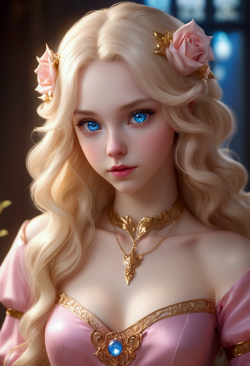 An 18 years old succubus girl with pale skin and long, wavy blonde hair. large and blue eyes , with an adorable and innocent expression. wearing a pink, gold, and rose gold color themed outfit, with a more seductive and provocative touch, something that contrasts her sweet and compassionate personality. Overall, her appearance would be striking, attracting curious and lustful looks. small chested, cinematic lighting, chromatic aberration, backlighting, masterpiece, high details, high quality, 4K.