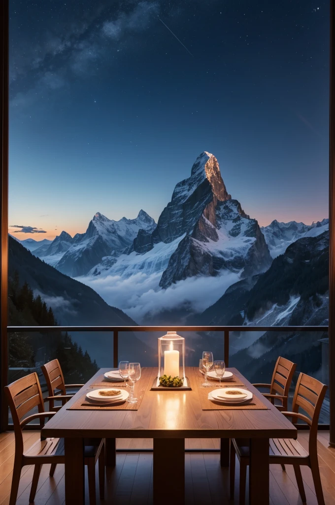 I want to create a png background of a dining table with a view of the mountains in Switzerland at night