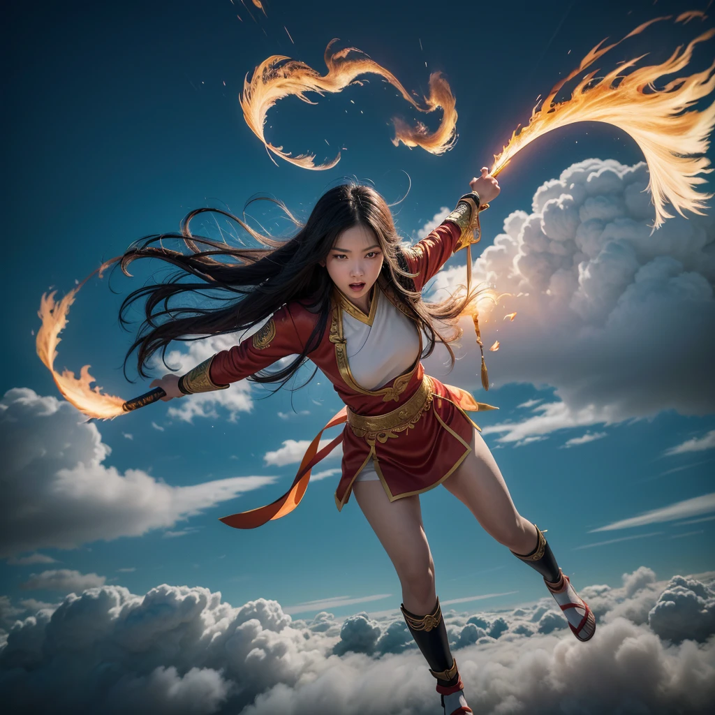 
Photography, surrealistic 20-year-old Asian girl with long black hair, flows with wind effect, flying above the clouds, wearing a Chinese legendary red, white and gold Xianxia costume, holding a large ancient Chinese sword, fighting pose, martial arts pose, and shouting bullet time effect. The orange flame halo around her is flaming and expanding in a terrifyingly high range, seeming to bend and swirl along with her energy. Aerial view with a worm's eye view in a full body shot. Fujifilm D55 lens: 50mm f/1.8 --ar 3:4 --Raw Style --Style 750 --iw 0.5UHD