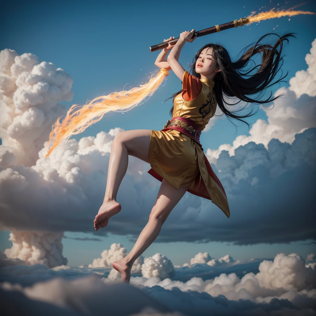 
Photography, surrealistic 20-year-old Asian girl with long black hair, flows with wind effect, flying above the clouds, wearing a Chinese legendary red, white and gold Xianxia costume, holding a large ancient Chinese sword, fighting pose, martial arts pose, and shouting bullet time effect. The orange flame halo around her is flaming and expanding in a terrifyingly high range, seeming to bend and swirl along with her energy. Aerial view with a worm's eye view in a full body shot. Fujifilm D55 lens: 50mm f/1.8 --ar 3:4 --Raw Style --Style 750 --iw 0.5UHD