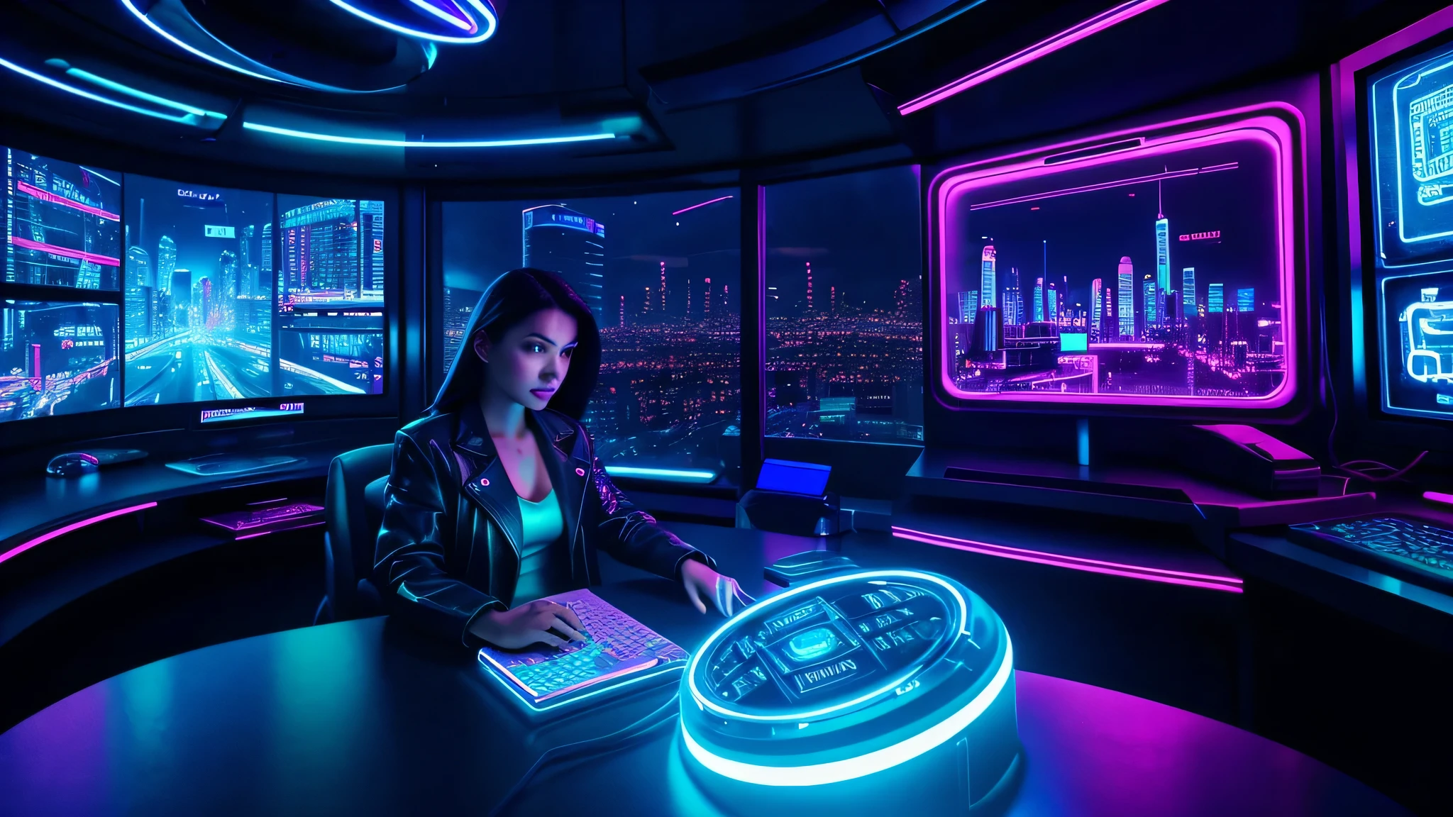 round computer monitor, cyberpunk, 1girl, sitting at desk, futuristic cityscape through window, glowing neon lights, holographic displays, intricate machinery, chrome and glass, chiaroscuro lighting, highly detailed, 8k, photorealistic, cinematic, dramatic, moody, neon color palette, electric atmosphere