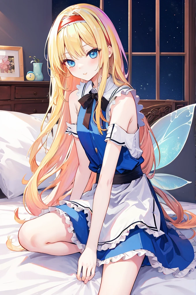 Alice漫游仙境,fairy tales,((Alice)),Long blond hair,Blue Eyes,Well-behaved and cute,Sitting on the bed,(nsfw:0.8),