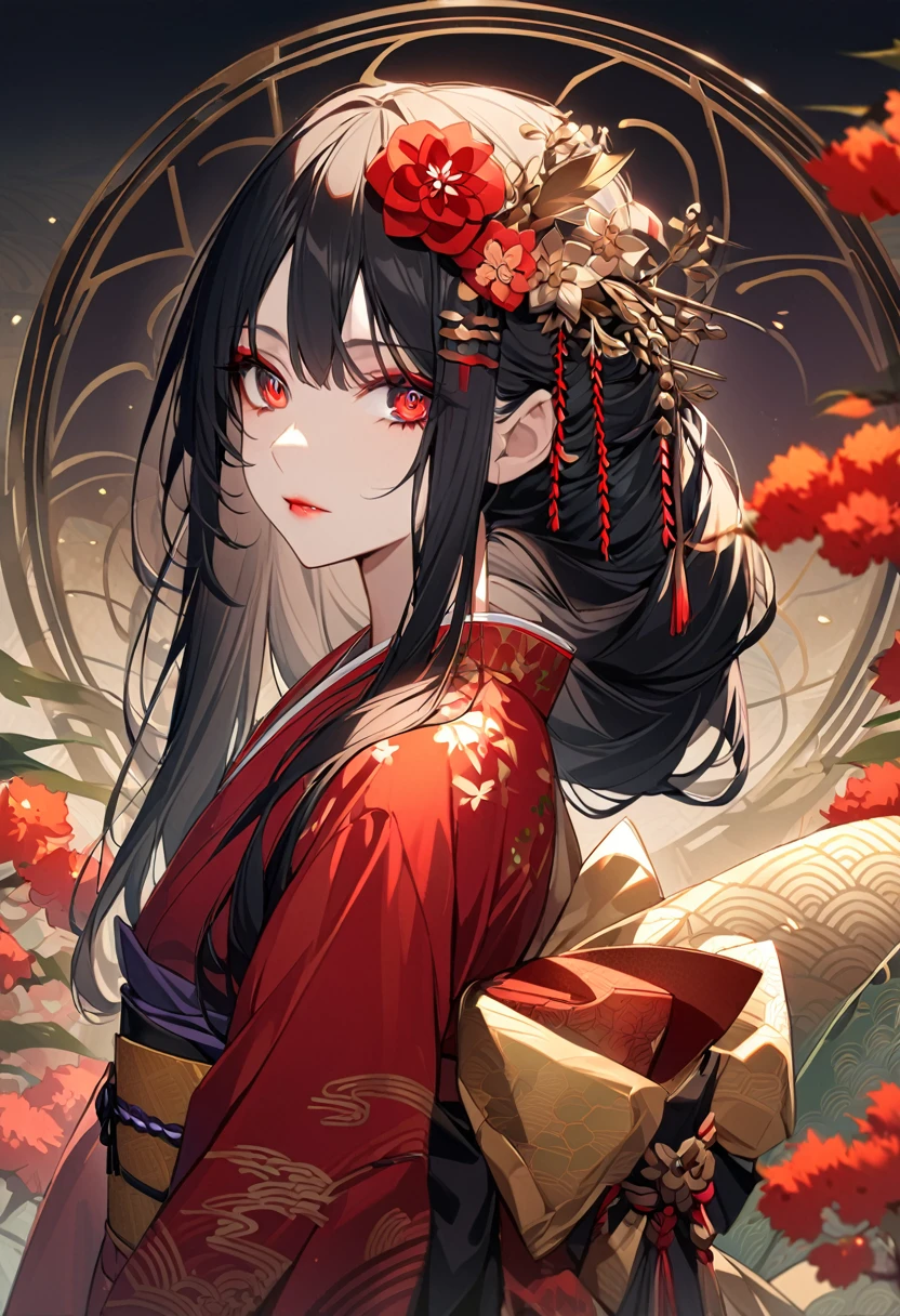 Stunningly beautiful Japanese girl, Green Garden. Her long, Her silky black hair cascades gently down her back, Decorated with colorful flower hairpins. She is wearing a traditional Japanese kimono., The deep red and gold hues complement her flawless skin. The kimono is decorated with intricate patterns and embroidery., Accentuating her delicate curves. Her almond-shaped eyes are delicately made up, Her lips are painted dark red.