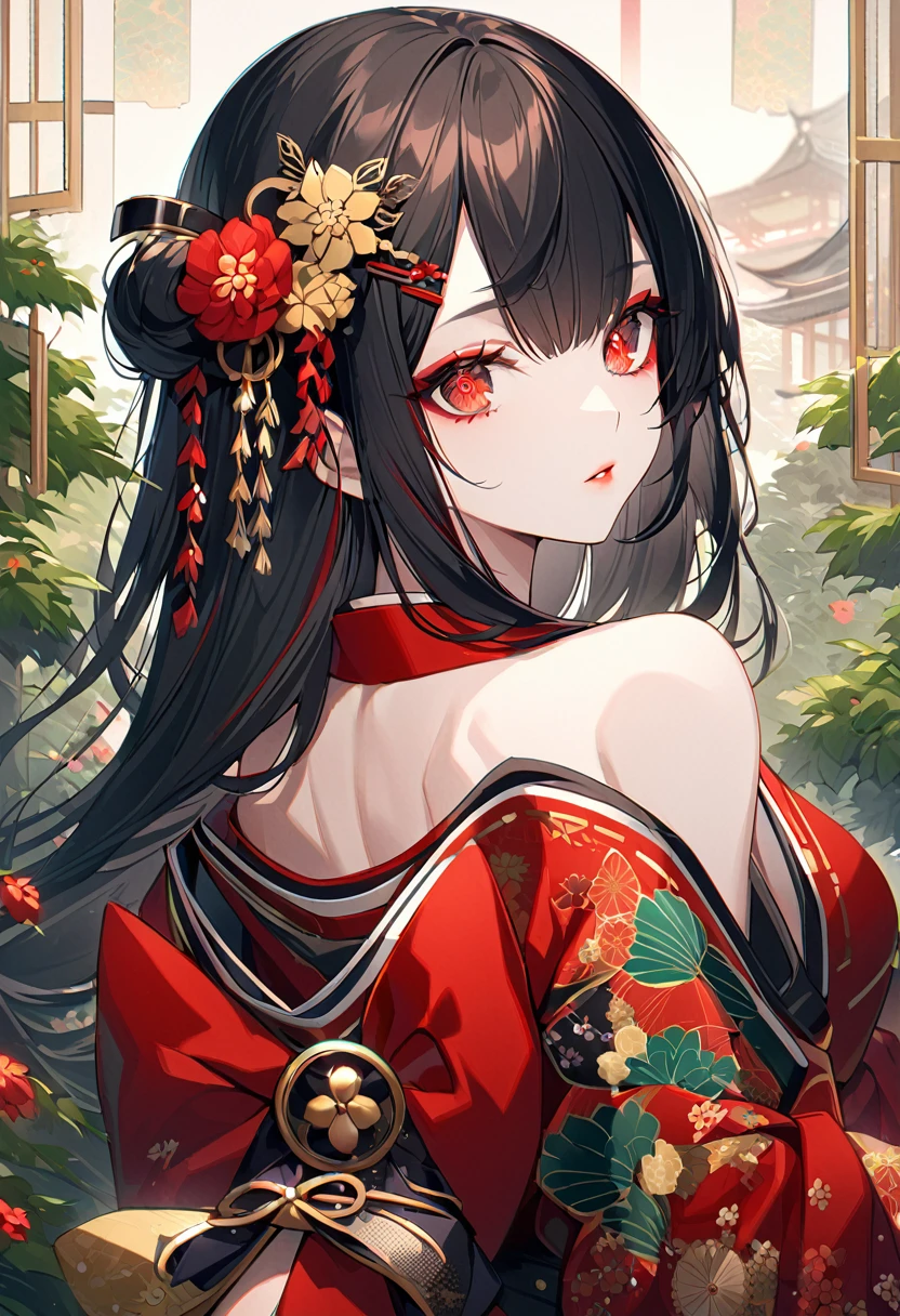 Stunningly beautiful Japanese girl, Green Garden. Her long, Her silky black hair cascades gently down her back, Decorated with colorful flower hairpins. She is wearing a traditional Japanese kimono., The deep red and gold hues complement her flawless skin. The kimono is decorated with intricate patterns and embroidery., Accentuating her delicate curves. Her almond-shaped eyes are delicately made up, Her lips are painted dark red.