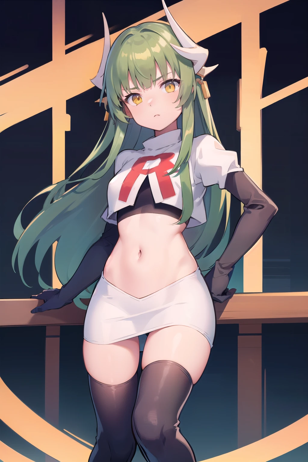 1girl, solo, aakiyo, long hair, green hair, white horns, hair ornament, yellow eyes, looking at viewer, team rocket,team rocket uniform,white skirt,red letter R,crop top,black thigh-highs,black elbow gloves, masterpiece, best quality