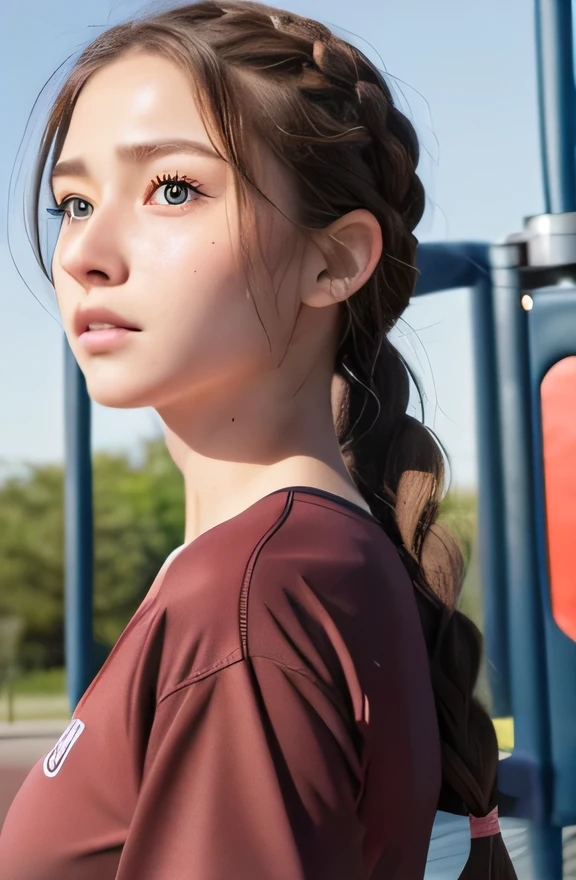 Highest quality、Realistic、Japanese、girl、zoom、look up、cute、Green Eyes、Braid、freckles、Chestnut Hair、Back to all、The forehead is protruding、playground、Gym suit、walk short distance、Sweat、Bust Shot、thin、Small breasts