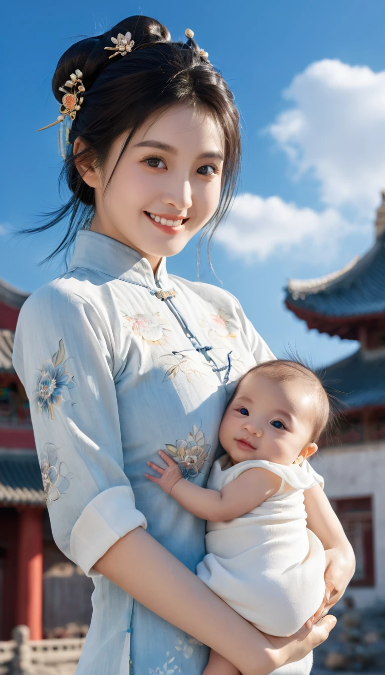 {{masterpiece, best quality, Extremely detailed CG, Unity 8K wallpaper, light}}, Traditional Chinese ink painting, 1 Girl, 1 , Young woman holding a babyole body, Ancient buildings, Blue sky, sunny, Wooden construction, Prominent protagonist, Smile, big eyes, Beautiful and delicate eyes, (Large Breasts, cleveage), Round butt, Looking at the audience, Long eyelashes,