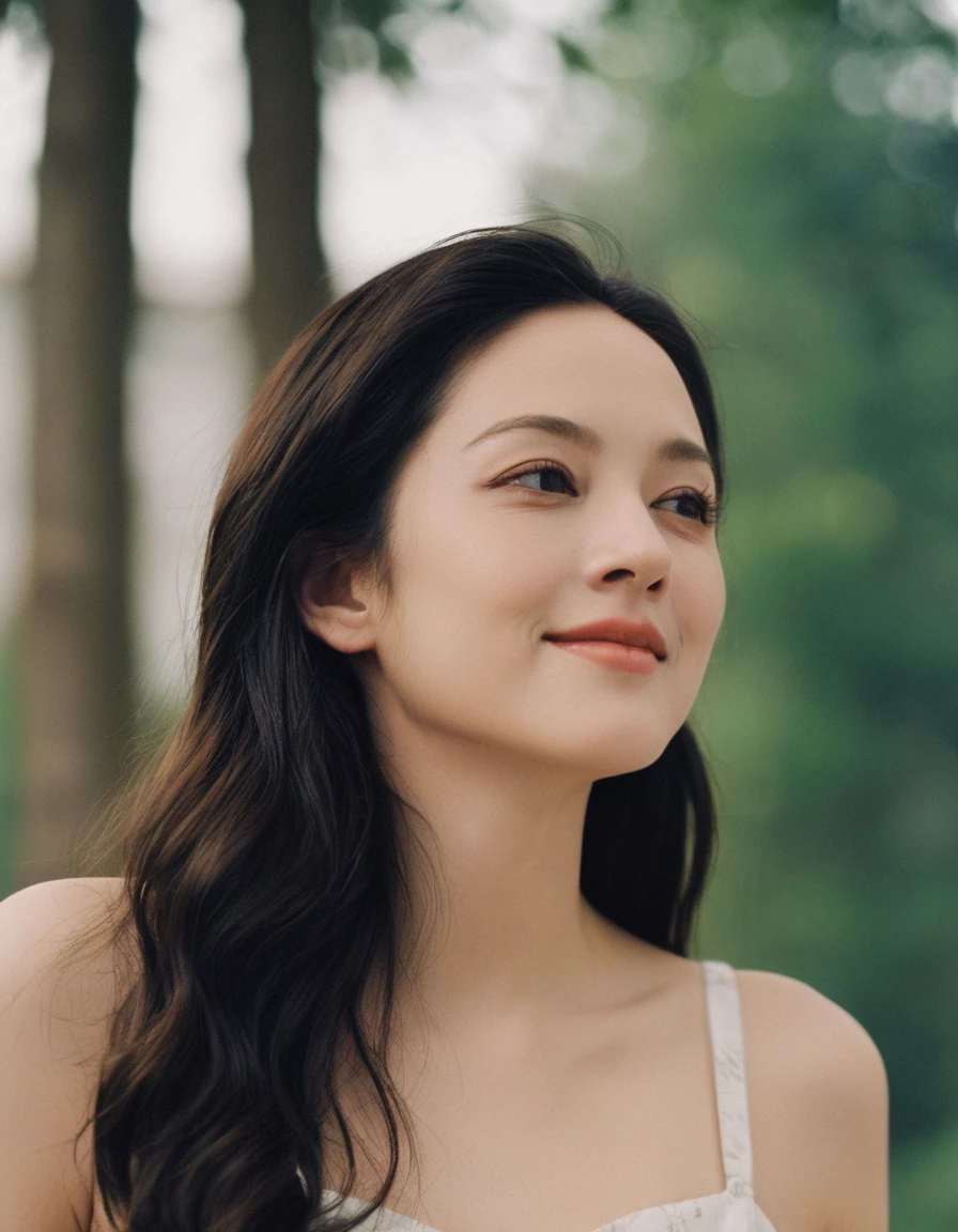 xxmixgirl, Upper body of a beautiful cute long and slender face Japanese girl, happy smiling, still from the film, ((young Marion Cotillard face : 1.2)), ((young Anne Hathaway face: 1.0)), from front, realistic portrait photo of a cute 25 years old girl, looks at viewer, full lips, natural skin, skin moles, stormy weather, (cinematic, film grain:1.1), ((asian winged eyes, very long and slender slim face, windy tousled, long straight black ponytail, strapless crop top)), Leica SL3, Summicron-SL 75mm ASPH, F/2, (cinematic still:1.2) Kodak Gold 200 film, bokeh, rim lighting, silhouette, shallowed depth of field, dynamic hands up,
