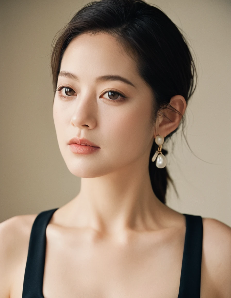 xxmixgirl, Upper body of a beautiful cute long and slender face Japanese girl, happy smiling, still from the film, ((young Marion Cotillard face : 1.2)), ((young Anne Hathaway face: 1.0)), from front, realistic portrait photo of a cute 25 years old girl, looks at viewer, full lips, natural skin, skin moles, stormy weather, (cinematic, film grain:1.1), ((asian winged eyes, very long and slender slim face, windy tousled, long straight black ponytail, strapless crop top)), Leica SL3, Summicron-SL 75mm ASPH, F/2, (cinematic still:1.2) Kodak Gold 200 film, bokeh, rim lighting, silhouette, shallowed depth of field, dynamic hands up,