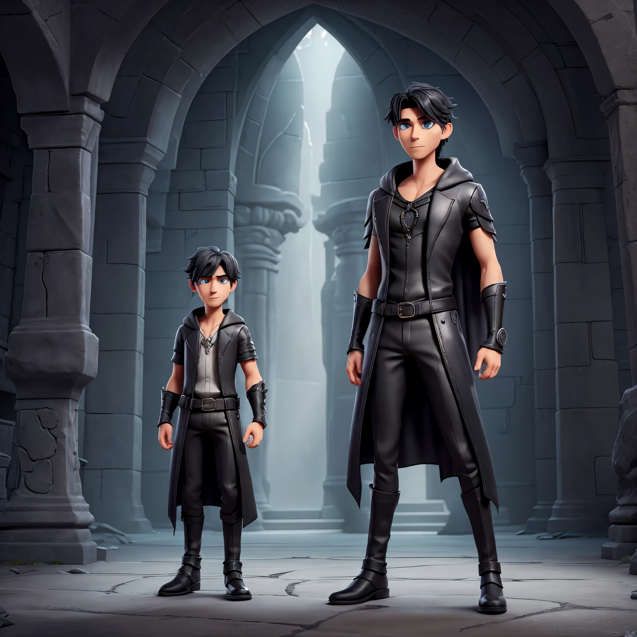 Create an image of a mysterious and sophisticated dark fantasy character named Noctis Thorn. He is a tall, slender man (1.80 m) with a grayish-blue, almost ethereal skin tone. His face is angular and delicate, with large amber eyes that have a silvery glow, resembling crystal. His short, wavy hair is dark gray with a metallic sheen. He wears a long, flowing black and dark gray cape with silver accents and a large hood. Underneath the cape, he has a high-collared black shirt with metallic gray and silver details, and fitted black pants with leather and metal embellishments. His outfit is completed with ankle-high black leather boots with metal accents. He wears a leather belt with silver buckles and a wide silver bracelet with mystical symbols. His delicate silver tattoos, resembling runes, are visible on his arms and back, subtly glowing. In one hand, he holds an elegantly designed silver dagger with ancient symbols on the hilt. The background features ancient ruins or a dark, mystical library with dim, ambient light. The overall mood is enigmatic and sophisticated. --ar 16:9, high resolution, Pixar Disney