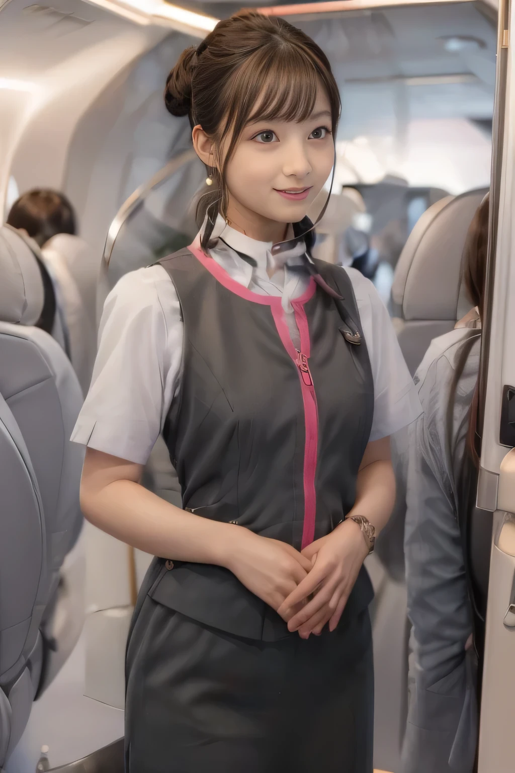 (masterpiece:1.2, Highest quality:1.2), 32k HDR, High resolution, (alone、1 girl)、(On the roof of a building、Professional Lighting)、daytime background、(Realistic style of JR Gran Class crew uniform)、Short sleeve blouse、a scarf around the neck、(JR Gran Class flight attendant uniform with pink parts on the skirt sleeves)、(The uniform of the flight attendants of JR Gran Class has a pink line on the front zipper of the vest.)、There are no pink lines on the uniform skirts of flight attendants in JR Gran Class、Dark brown hair、(Hair tied up、Bun Hair)、Dark brown hair、Long Shot、Big Breasts、((Great hands:2.0)),((Harmonious body proportions:1.5)),((Normal limbs:2.0)),((Normal finger:2.0)),((Delicate eyes:2.0)),((Normal eyes:2.0)))、Luxury earrings、smile、Beautiful standing posture,