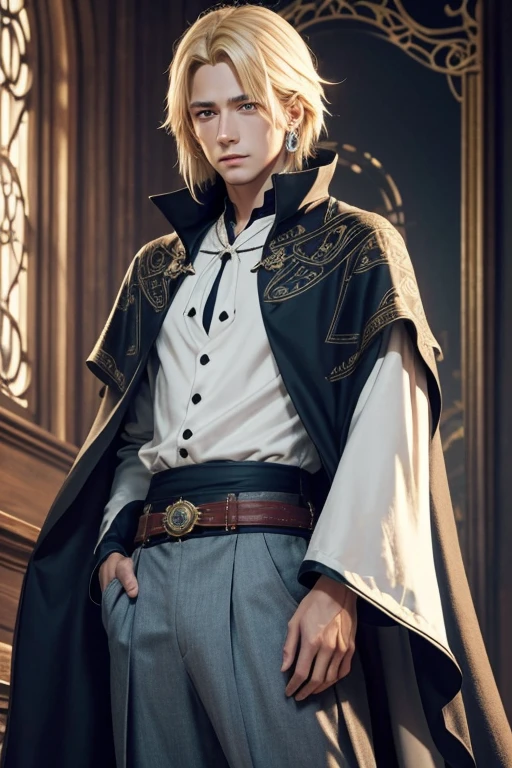 Howl, of the movie "The Animated Castle" de Hayao Miyazaki, is a young wizard with a charming and mysterious appearance. He has blond hair that, em algumas partes of the movie, are dyed black. His eyes are blue and he has delicate and attractive features.. Howl is usually seen wearing a white shirt with puffy sleeves., dark pants and a cape or jacket of varying colors, which are often dark or neutral tones. He also wears jewelry, like an earring in an ear. Its appearance is elegant and ethereal, reflecting your magical and charismatic nature.