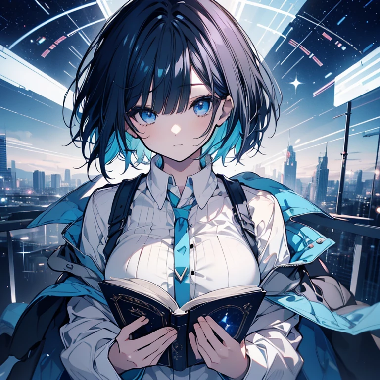 1 girl、Mature、Ample breasts、Black Hair、Very Short Hair、Asymmetrical bangs、Bangs covering one eye、Blue Eyes、boyish、cool、Light blue uniform、Undress your shirt、Astronomy Tower、Starry Sky、A thick book in one hand、High resolution、Highest quality、