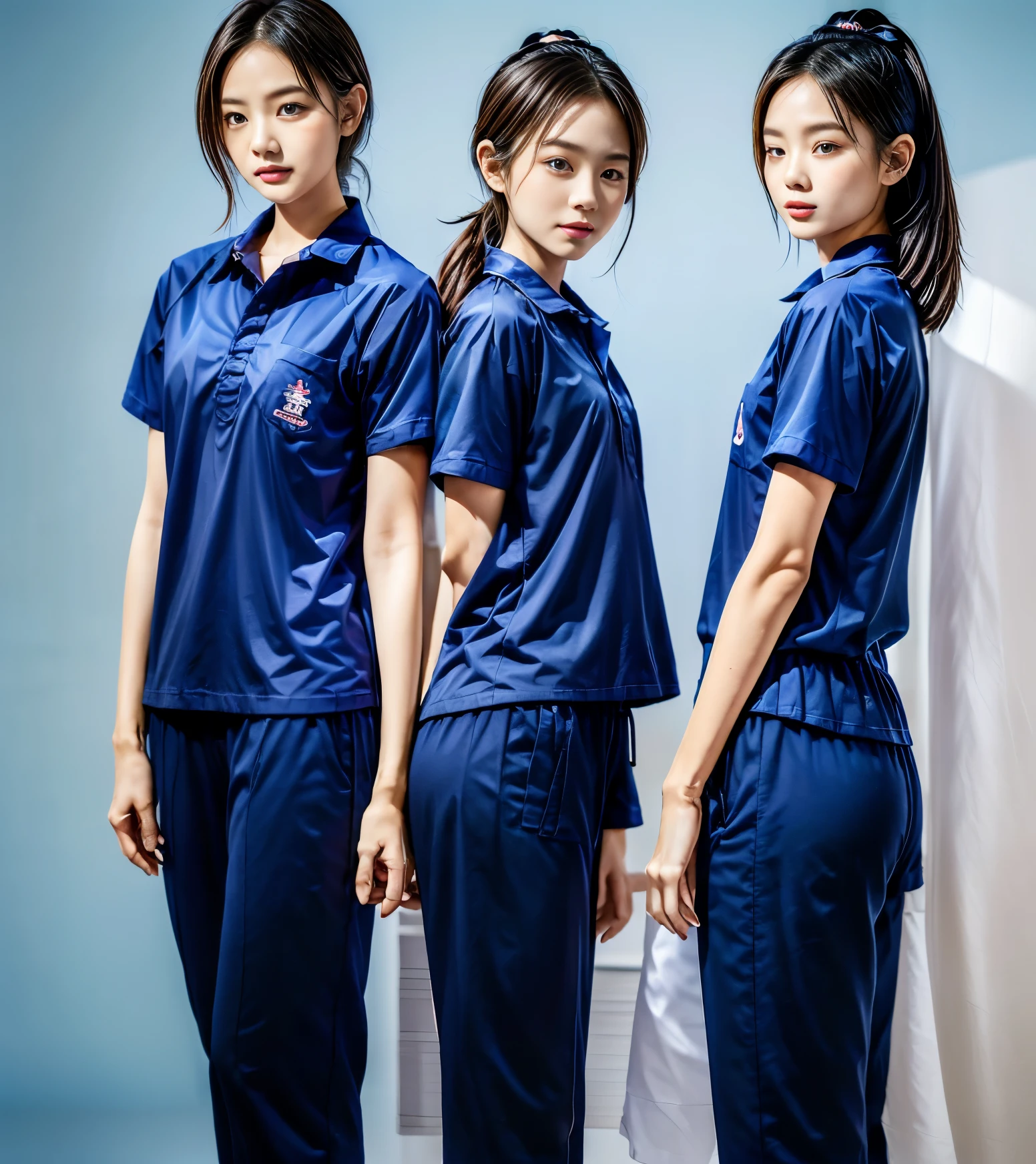 (best quality,10,10,height,Masterpiece:1.2),Special details,(realistic,ภาพrealistic,Realistic photos:1.37),1 Cute girl in the kitchen,shiny, ผิวshiny,only,smile softly,BDclothelue shirt:1.3)),short sleeve,shirt, กางเกงขาlong.,(navy_long_track pants:1.1), ((Kitchen Background)),Dynamic angle,excited,Face focus,dynamic poses,from behind,focus on ass,Masterpiece, best quality, ultra realistic, hyper detail, 8k resolution, raw photos, Sharp focus, ((Navy blue shirt:1.1)), short sleeve, เส้นทางlong, perfect body, 2 mature women, 18 years old, Cinema-grade lighting system,blue sweatpants,shirtผ้าออกกำลังกาย,correct anatomy,perfect body, correct body, Sharp face, correct bodyทางกายวิภาค, full body, realistic gestures, long-haired, realistic poses,Wear long shorts...........................,ช่วงขาlong,Good shape,carved girl, Slender figure, model, Good shape, beautiful body,blue sweatpants, two girls kissing