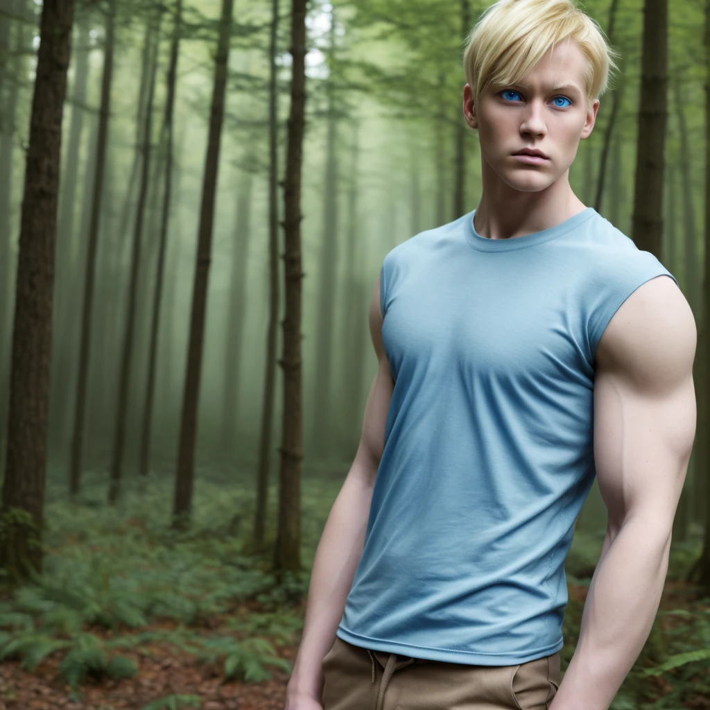 adult man, short blonde hair, with a serious expression, half muscular, blue colored eyes, wearing simple clothes, forest background