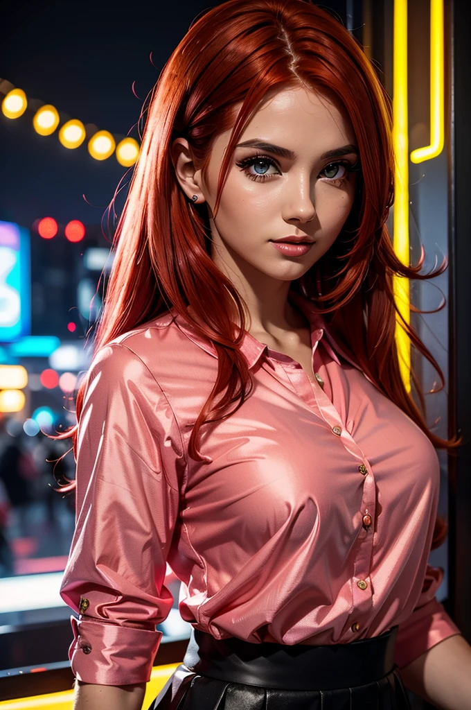 Gorgeous woman, with red hair, wearing a skirt and blouse, neon lights on the background, portrait close up view