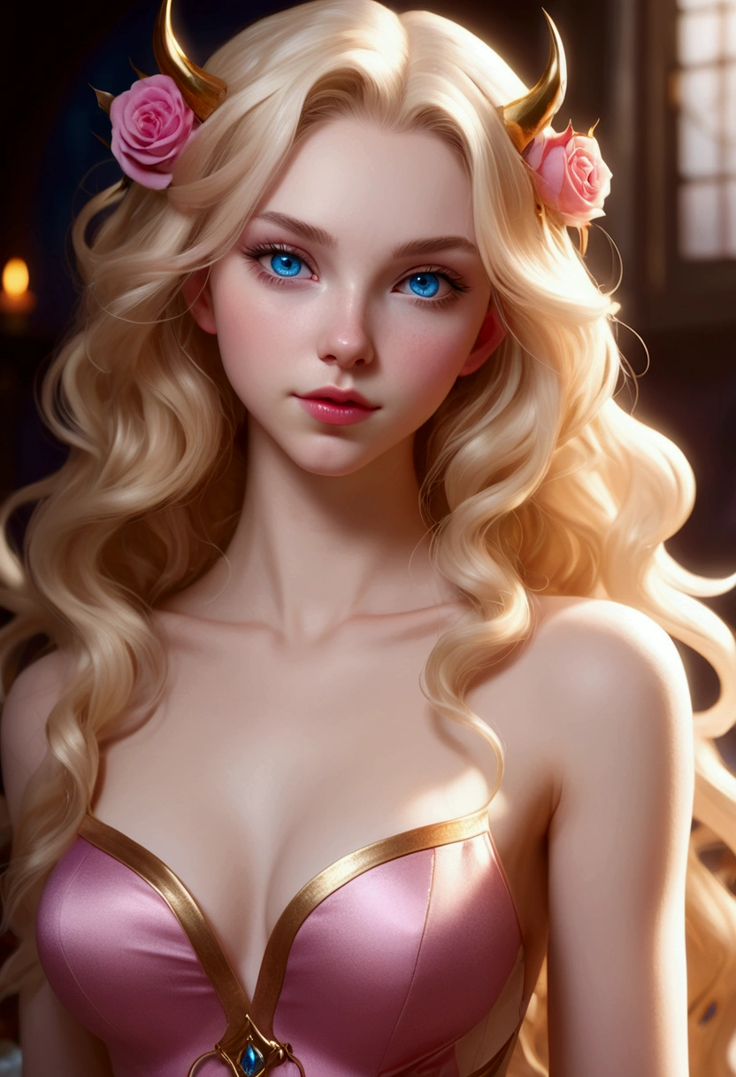 An 18 years old succubus girl with pale skin and long, wavy blonde hair. large and blue eyes , with an adorable and innocent expression. wearing a pink, gold, and rose gold color themed outfit, with a more seductive and scantily clad touch, something that contrasts her sweet and compassionate personality. Overall, her appearance would be striking, attracting curious and lustful looks. small chested, cinematic lighting, chromatic aberration, backlighting, masterpiece, high details, high quality, 4K.